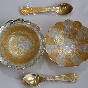 NWT 2 Silver-Gold carved design Bowls with Spoons
